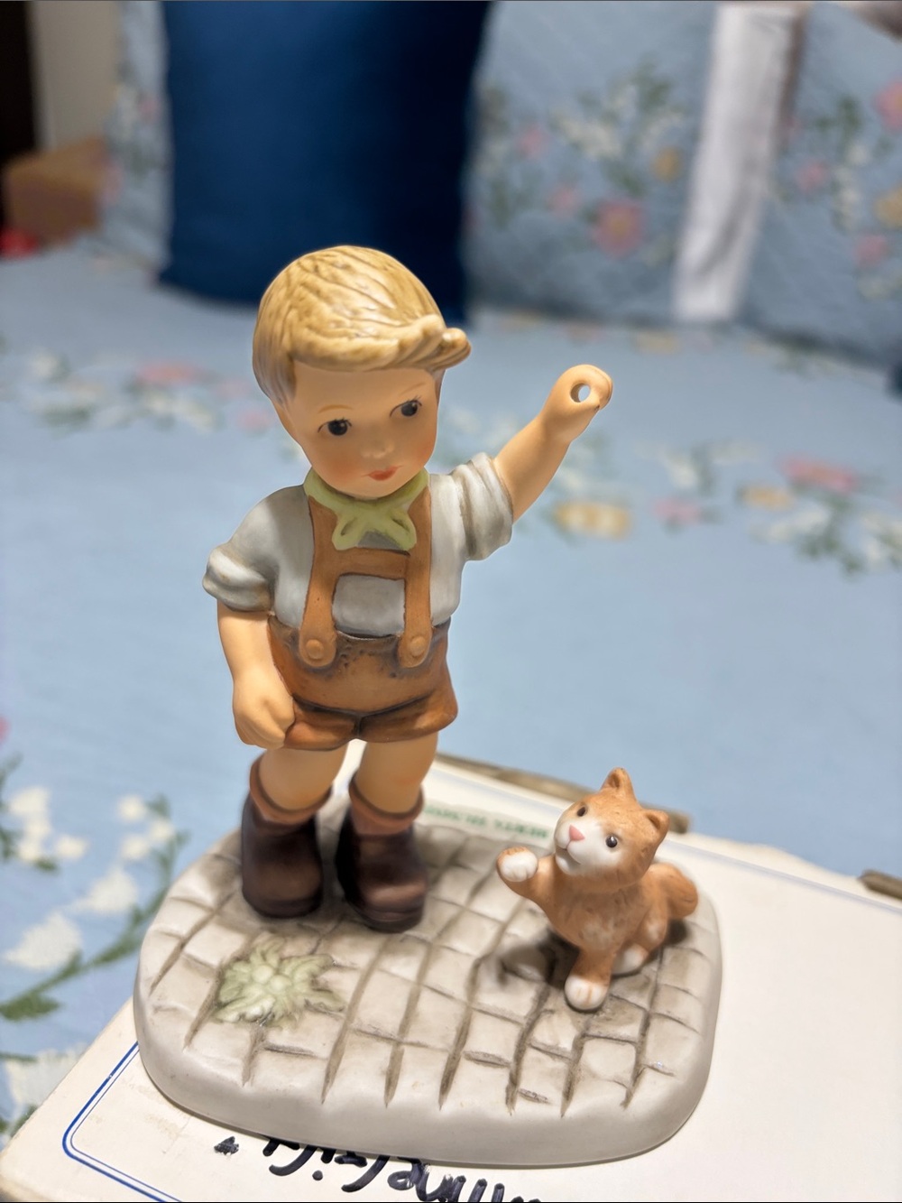 Goebel Blonde-Haired Boy Figurine with Orange Outfit Tan Cat Missing parts As Is